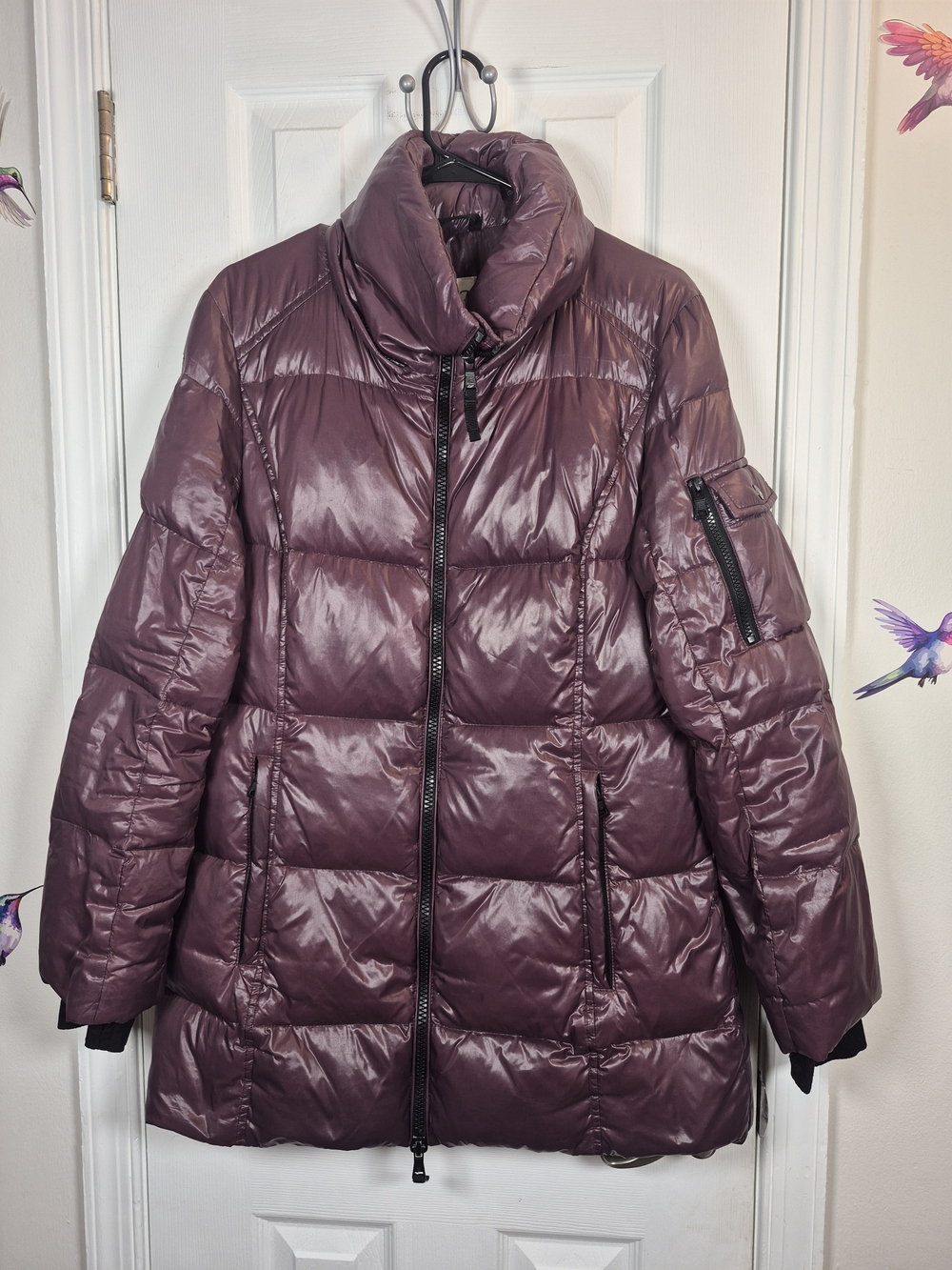 S13 NY Down Fill Shiny Puffer Jacket Coat Metallic Plum Burgundy Winter Large